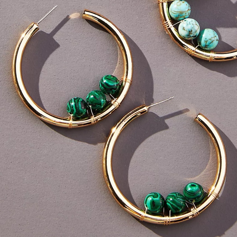 New Anthropologie Embellished Hoop Earrings Gold Green